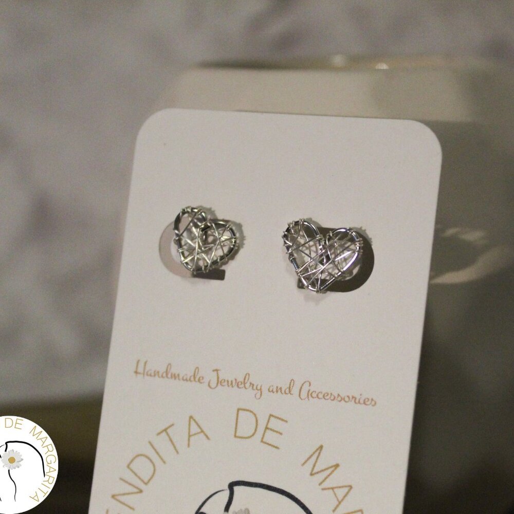 Silver wire handmade wire wrapped studs heart shape